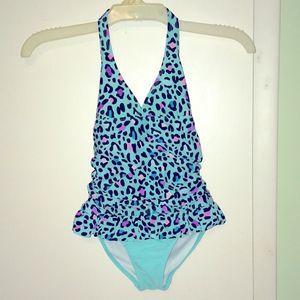 Ocean Pacific brand.  Size medium. Girls one piece swimsuit. Aqua, animal print.